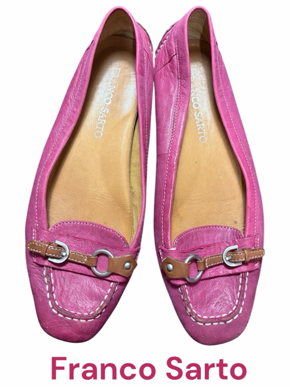 Franco Sarto Hot Pink Leather Loafers with Tan Accent